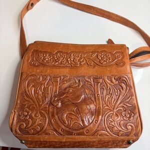 VINTAGE Western Tooled Brown Leather Horse Horseshoe Shoulder Bag Medium Purse